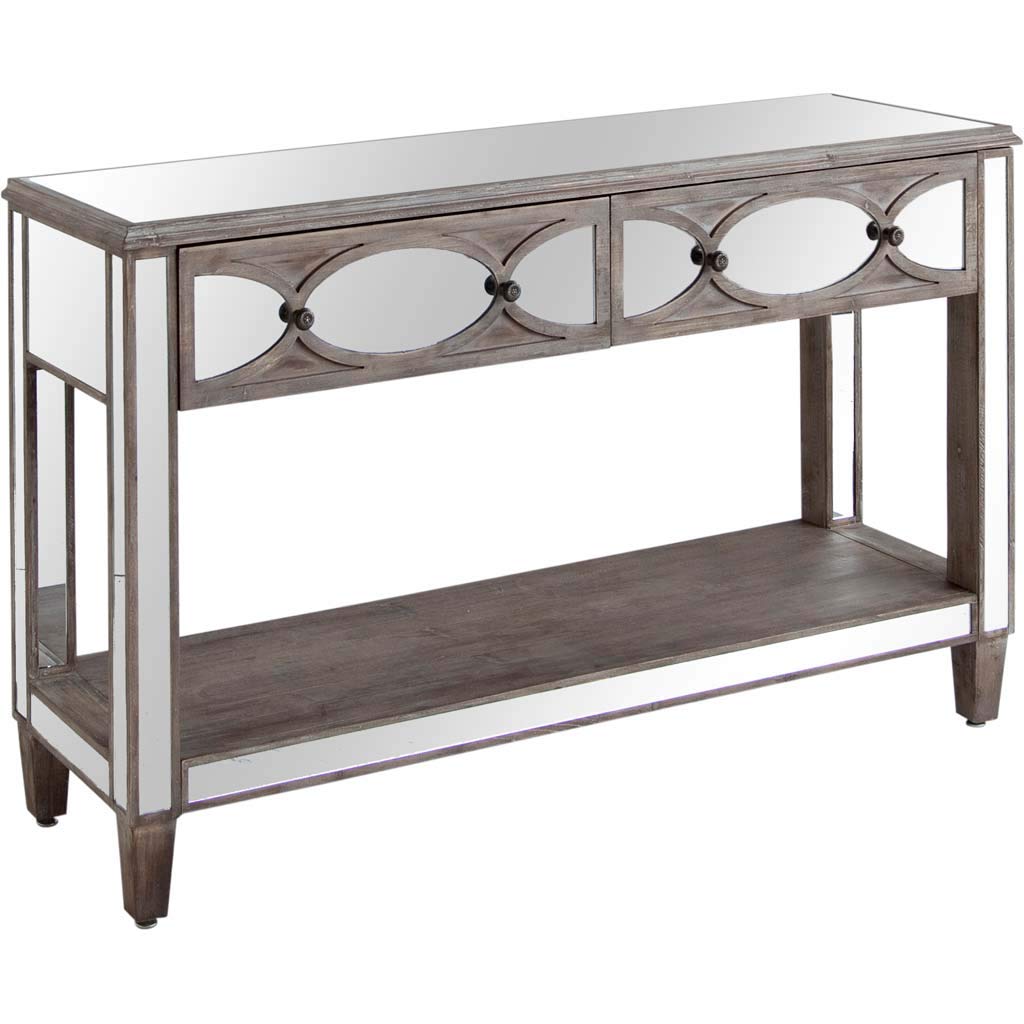 HomeRoots Grey Wood, Mirrored Brown Mirrored Glass Console Table with Two Drawers and Fixed Shelf