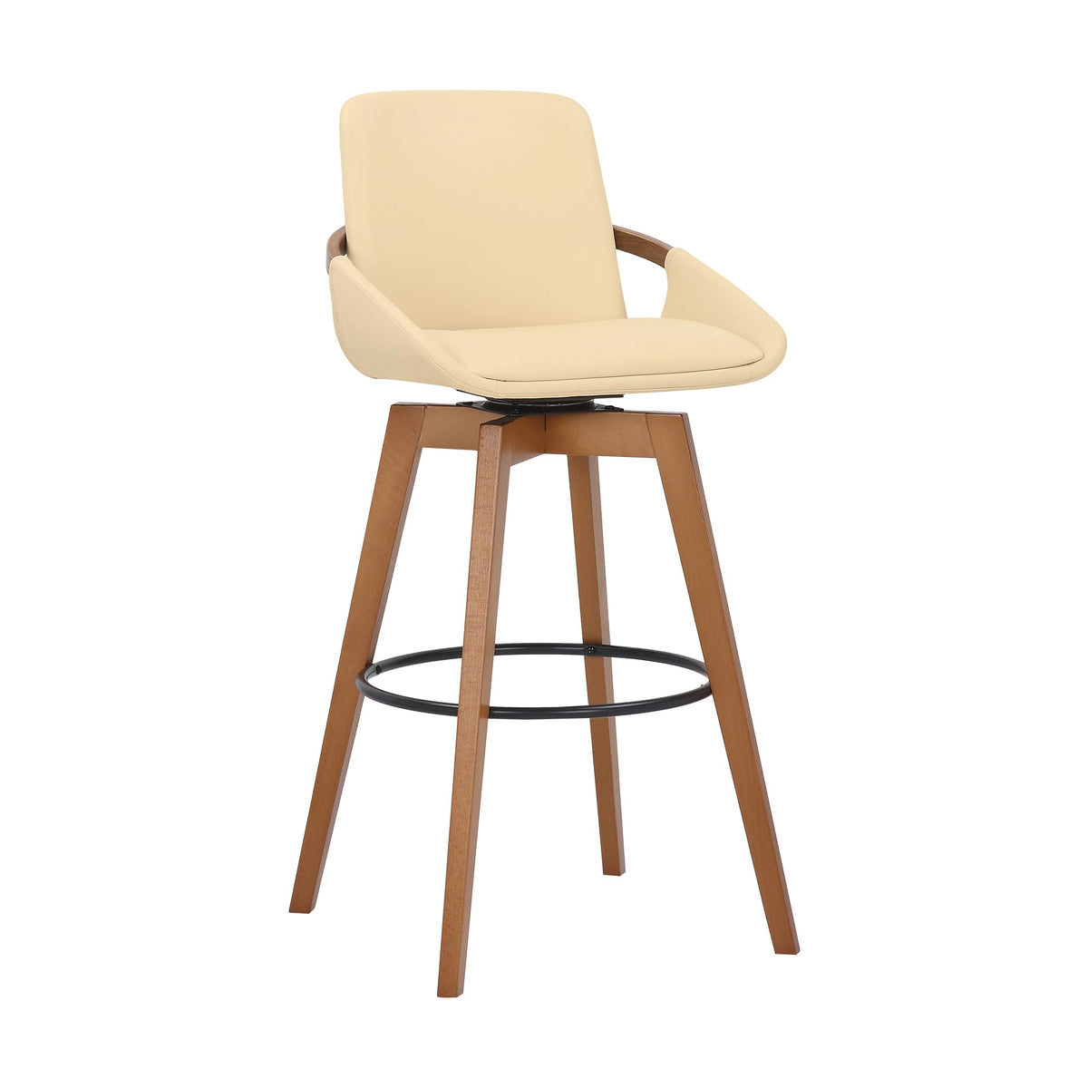Armen Living Baylor Mid Century Modern Swivel Bar Stool for Kitchen Island Counter in Cream Faux Leather and Walnut Wood, 30 '' 