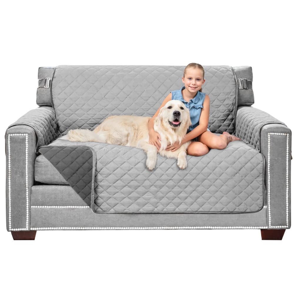 Sofa Shield Loveseat Slip Cover With Patented Strap, Cushion Protector, Reversible Stain, Dog Tear Resistant Slipcover, Quilted Microfiber 54” Seat, Washable Covers, Dogs Pets Kids Light Gray Charcoal