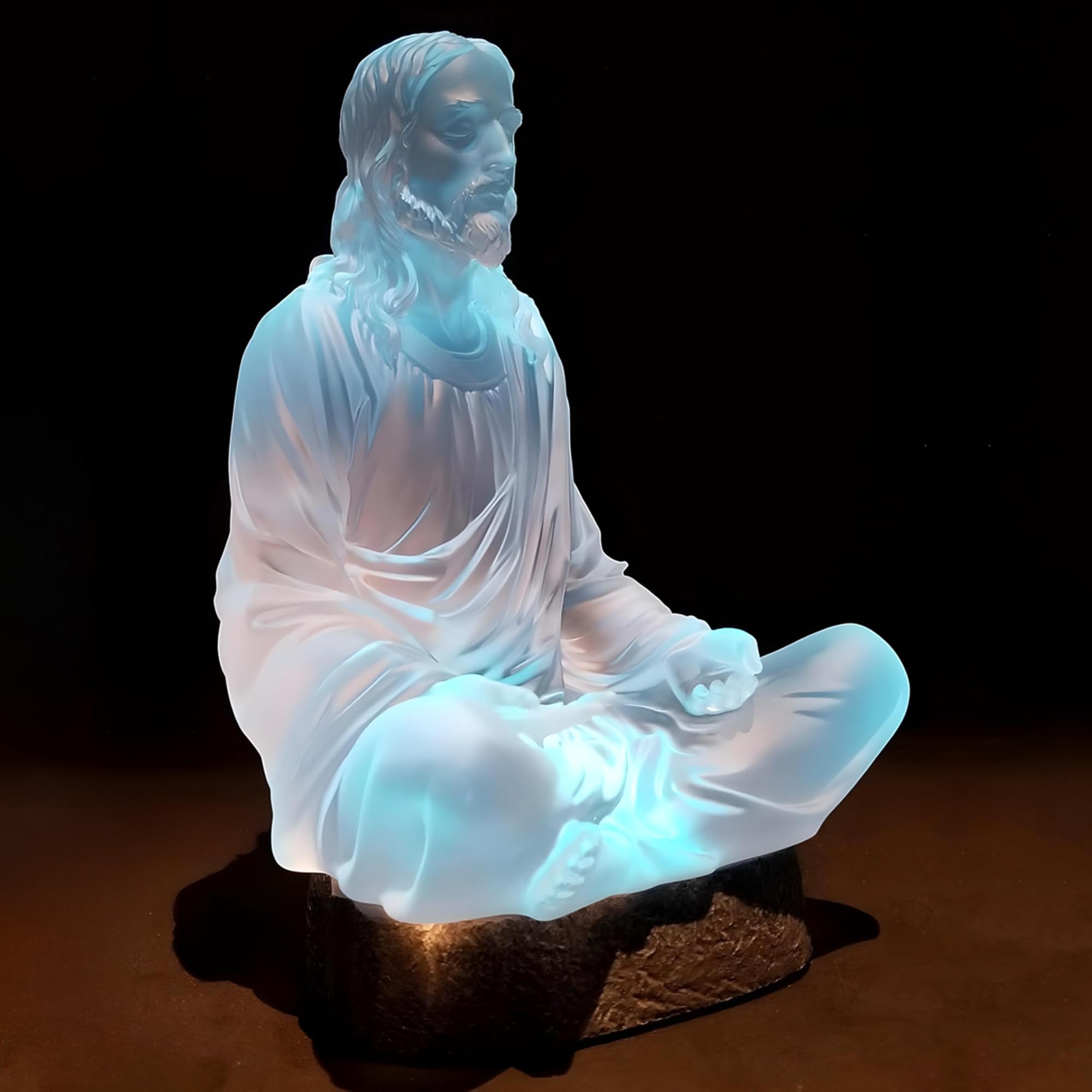 Jesus Statue for Home Decor 8 Sea Glass (Frosted Acrylic) - Meditation Decor with LED Lights - Sculpture for Any Room - Christia