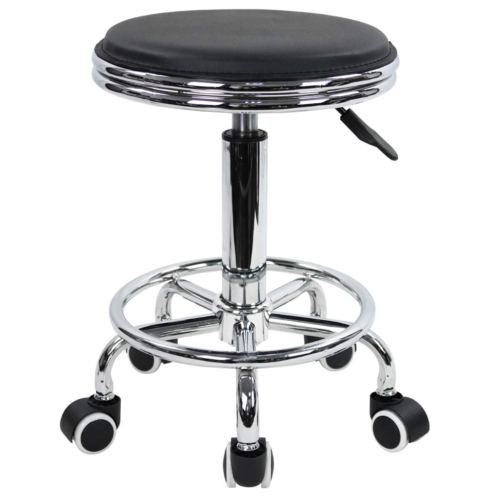 KKTONER Round Rolling Stool with Foot Rest PU Leather Height Adjustment Modern Industrial Metal Style Swivel Spa Salon Tattoo Wo