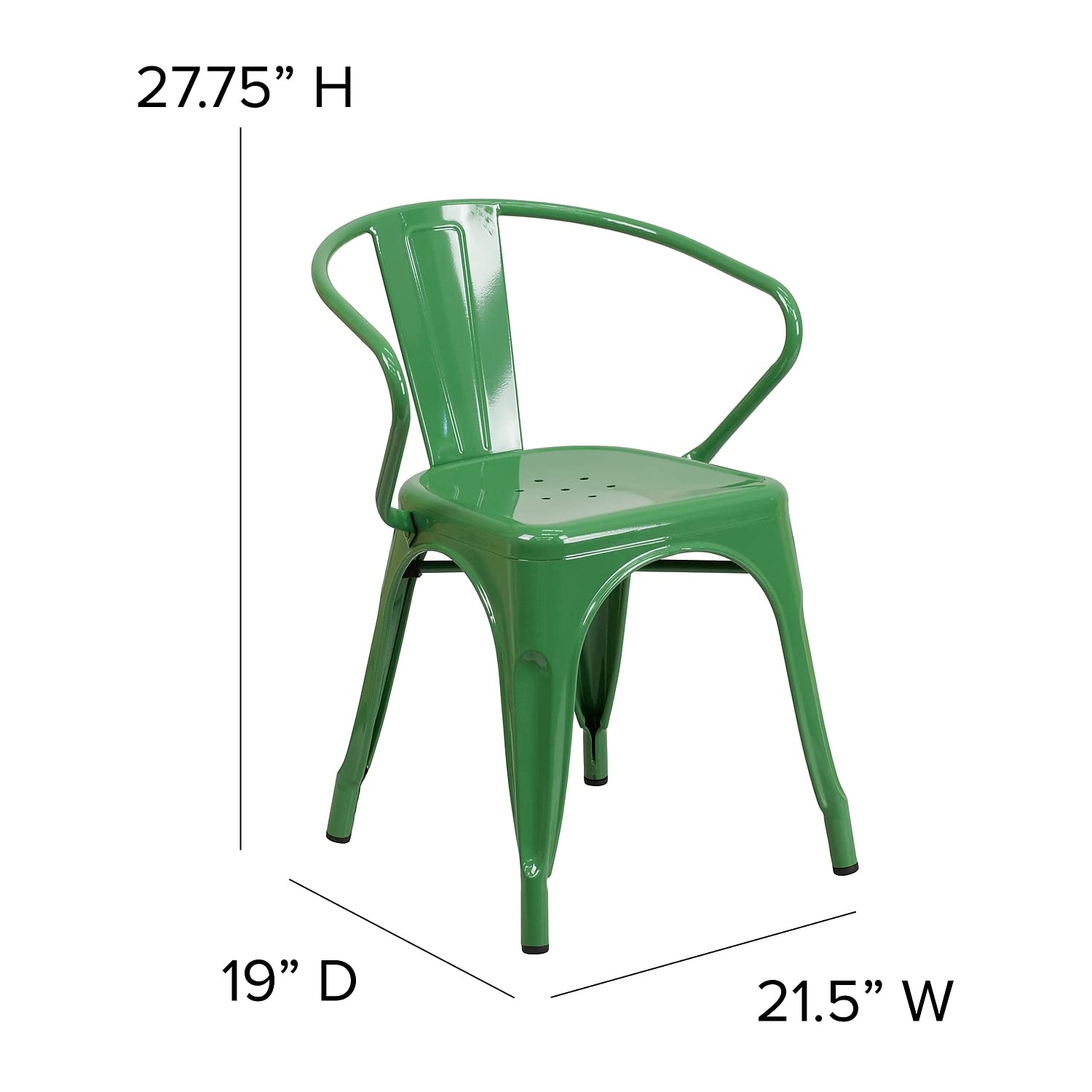 Flash Furniture Luna Commercial Grade Indoor-Outdoor Stack Chair with Arms - Green Metal Frame - Teak All-Weather Polystyrene Seat - Vertical Slat Back