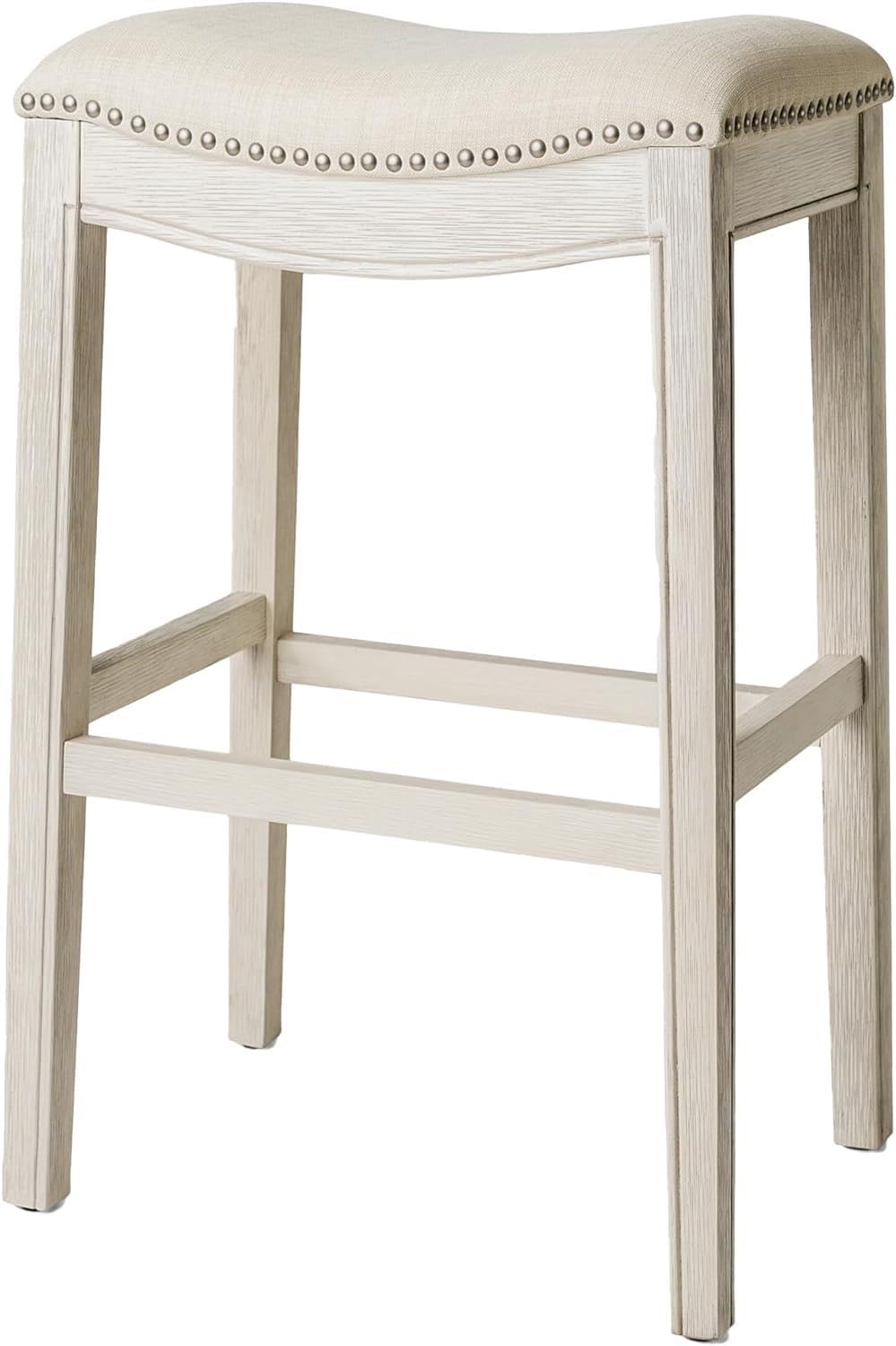 Maven Lane Adrien 31 Inch Bar Height Upholstered Backless Saddle Barstool in White Oak Finish with Natural Color Fabric Cushion 