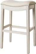 Maven Lane Adrien 31 Inch Bar Height Upholstered Backless Saddle Barstool in White Oak Finish with Natural Color Fabric Cushion 