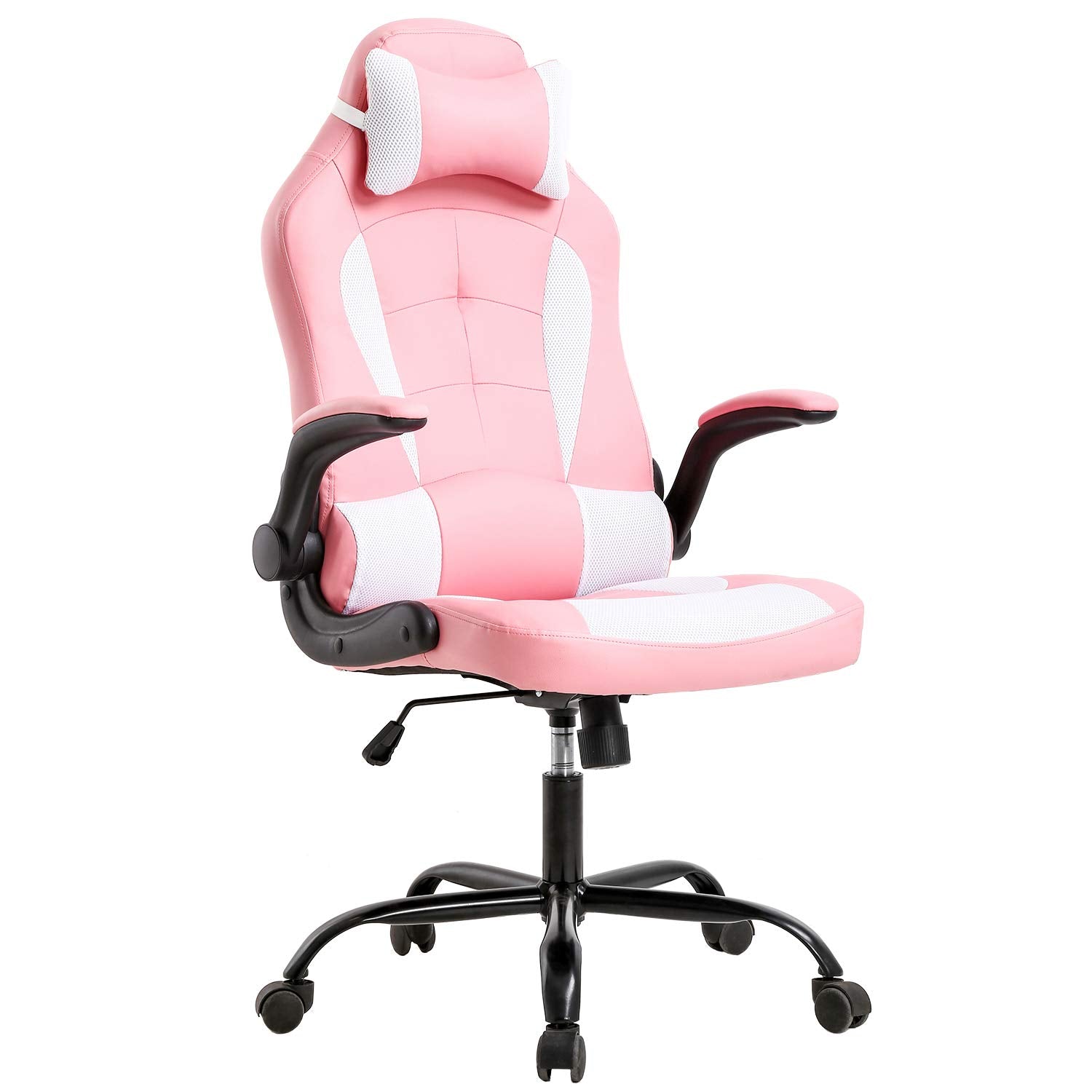 Gaming Chair Office Chair Desk Chair With Lumbar Support Flip Up Arms Headrest Swivel Rolling Adjustable Pu Leather Racing Computer Chair For Girls,Pink