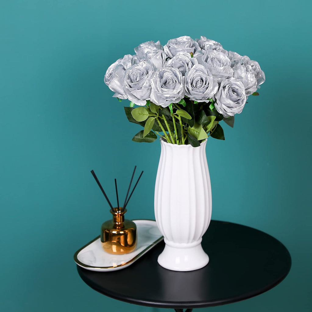 Tifuly Silver Roses Artificial Flowers -12Pcs Realistic Single Long Stem Fake Silk Roses Bouquet For Party Home Wedding Centerpi