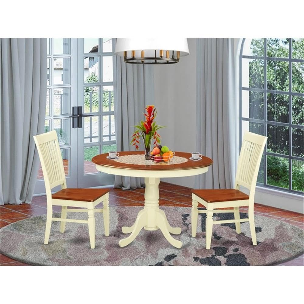East West Furniture HLWE3-BMK-W 3 Piece Dinette Set for Small Spaces Contains a Round Dining Table with Pedestal and 2 Dining Chairs, 42x42 Inch, Buttermilk & Cherry