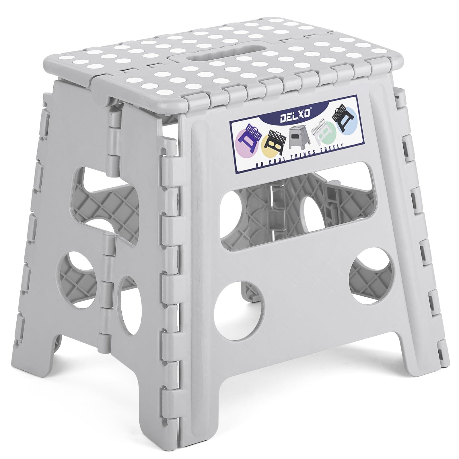 Delxo Folding Step Stool, 13 Inch Non-Slip Foldable Stools For Kids & Adults Up To 300 Lbs, Step Stool With Handle, Lightweight For Kitchen, Bathroom, Bedroom, Garden, Grey, 1Pc
