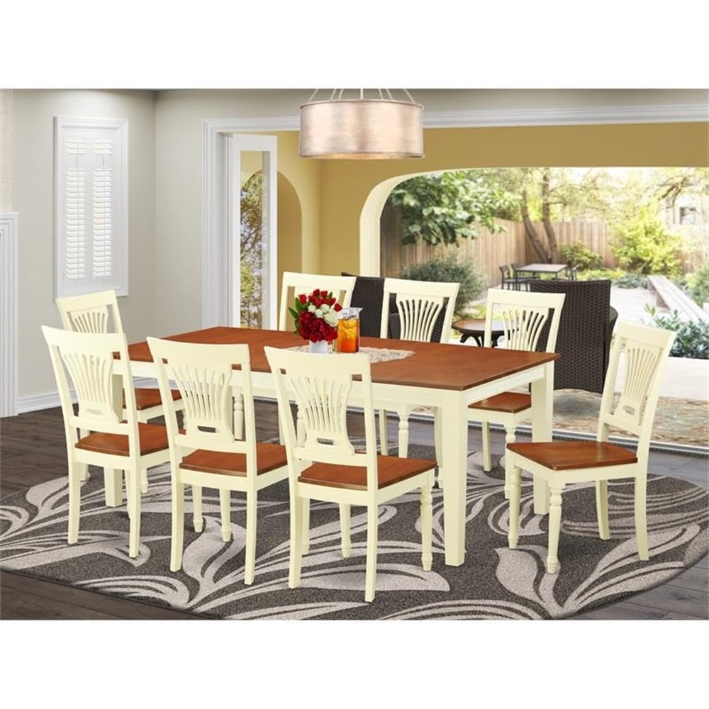 East West Furniture QUPL9-WHI-W 9 Piece Modern Dining Table Set Includes a Rectangle Wooden Table with Butterfly Leaf and 8 Kitchen Dining Chairs, 40x78 Inch, Buttermilk & Cherry