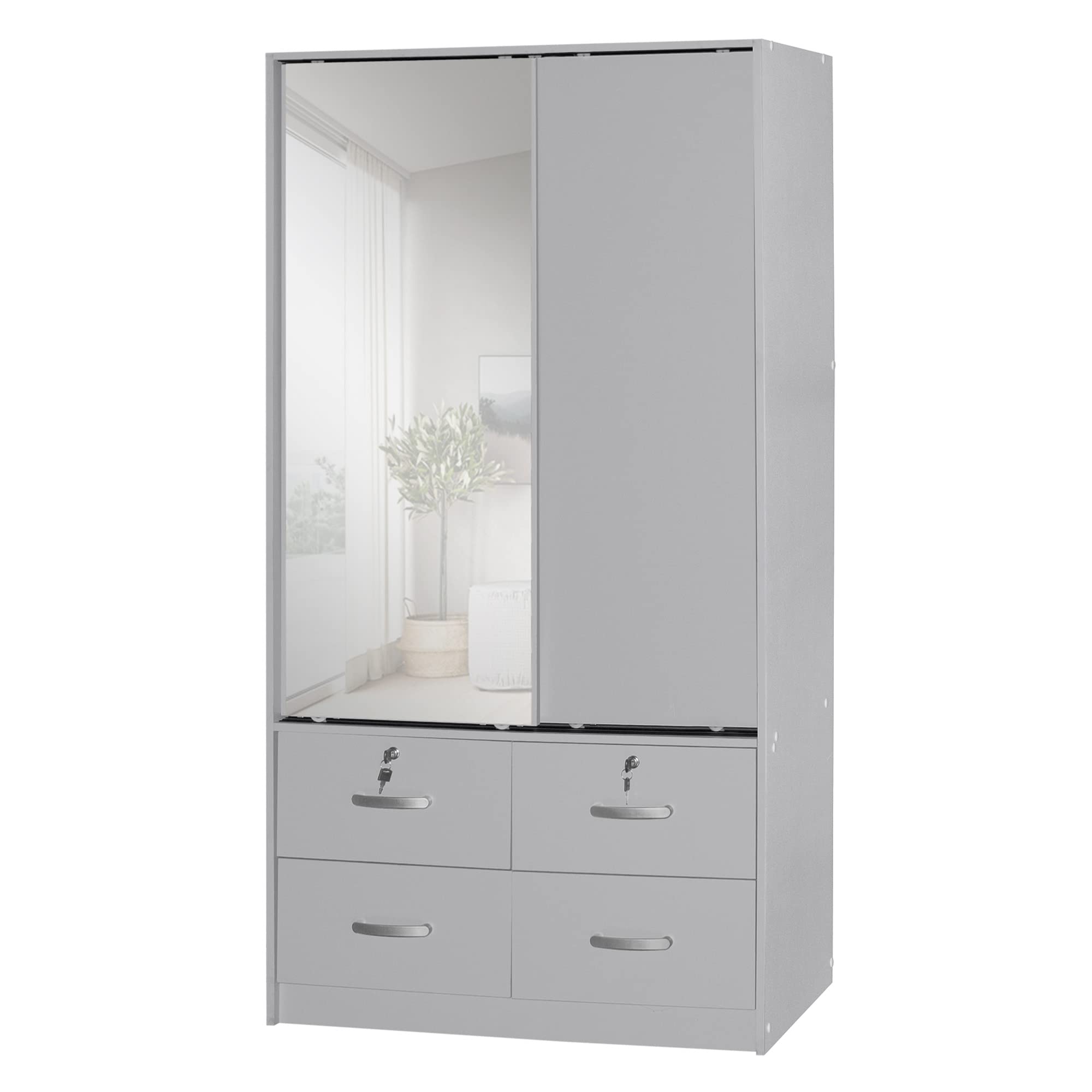 Better Home Products Sarah Double Sliding Door Armoire with Mirror in Light Gray