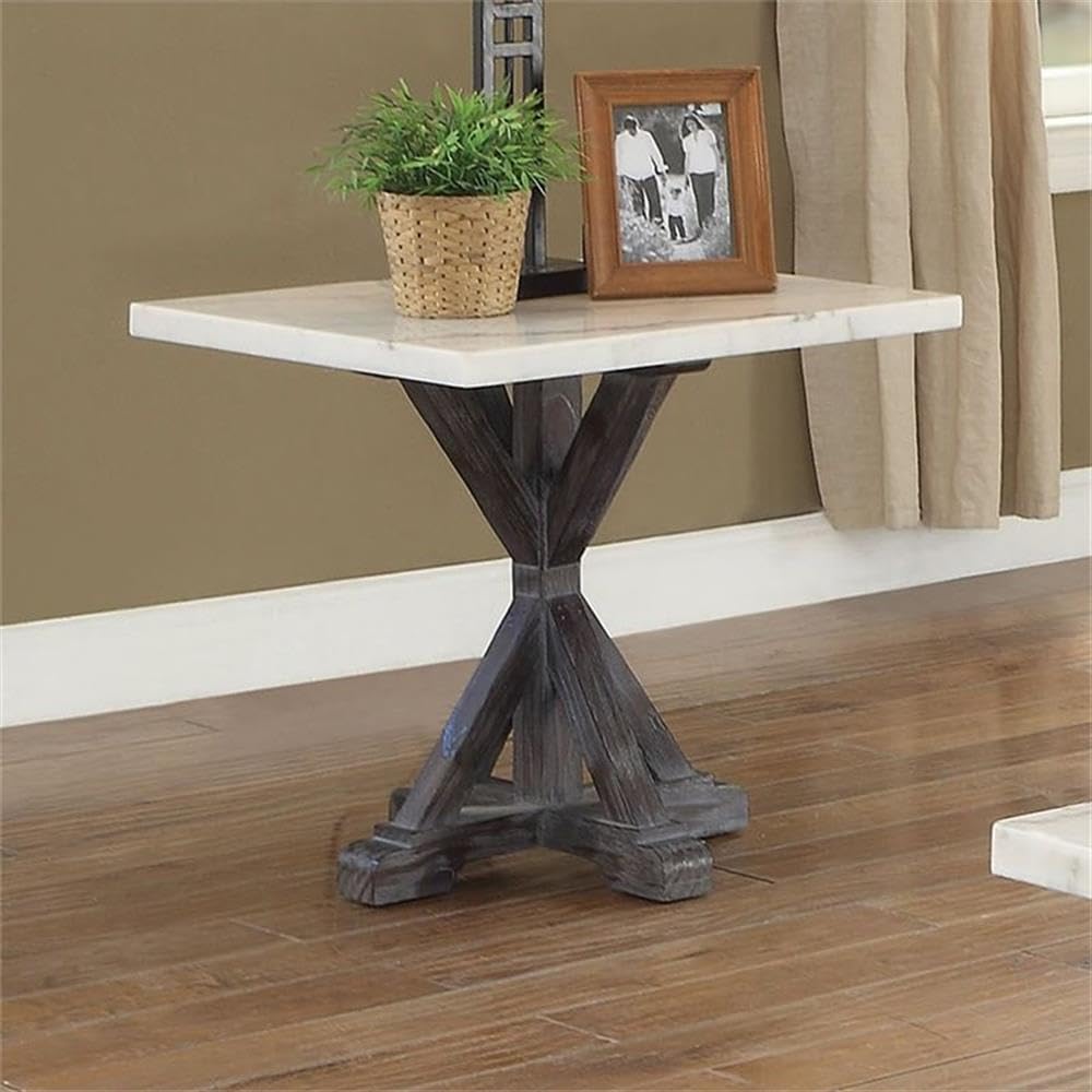 Acme Romina 24&quot; Marble Top End Table in White and Weathered Espresso
