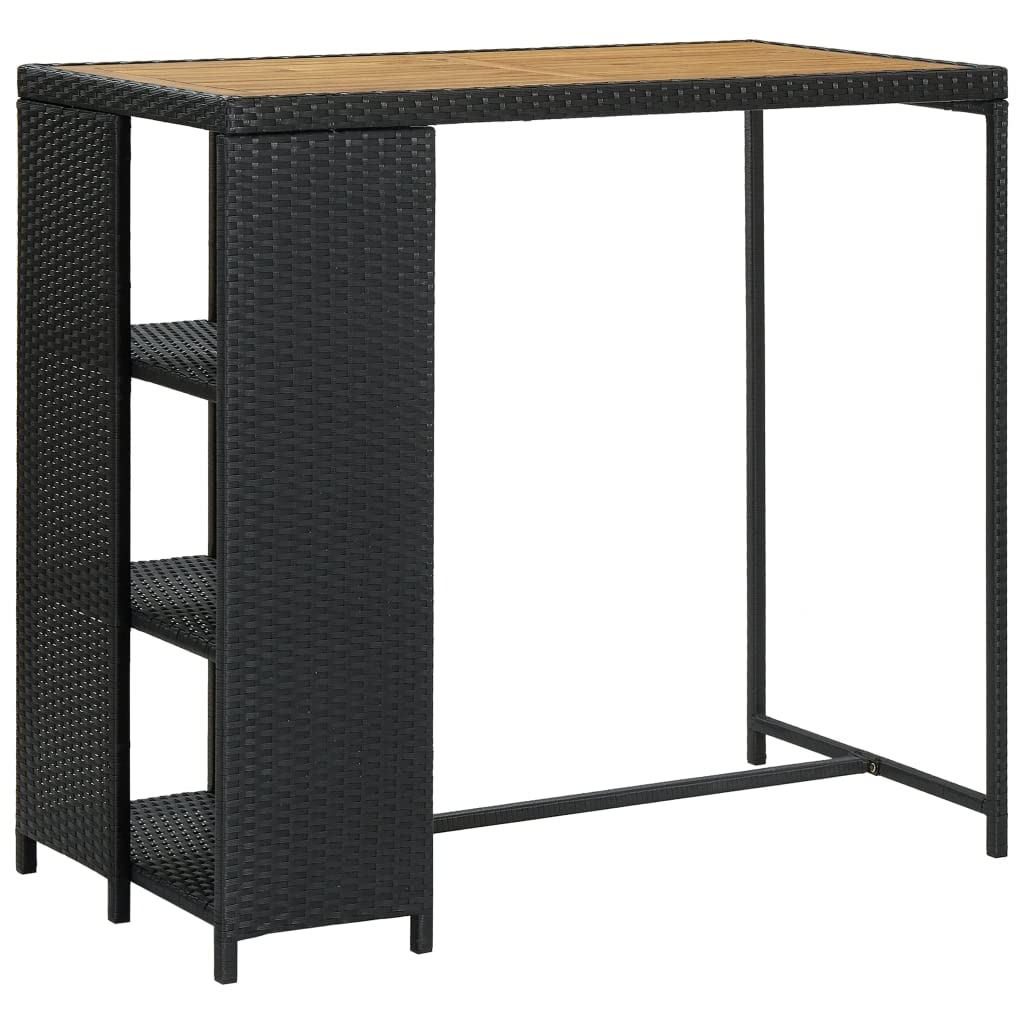 vidaXL Modern Bar Table with Side Storage Rack - PE Rattan and Steel Frame - Solid Acacia Wood Tabletop - Ideal for Home, Garden, Restaurant, Pub – Black Color - Dimensions: 47.2&quot;x23.6&quot;x43.3&quot;