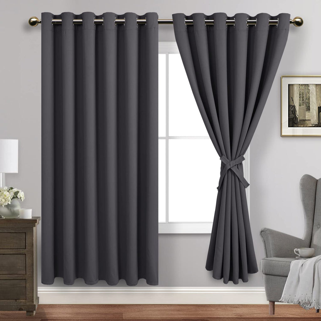 Jiuzhen Dark Grey Blackout Curtains With Tiebacks Thermal Insulated, Light Blocking And Noise Reducing Grommet Curtains For Bedroom And Living Room, Set Of 2 Window Curtain Panels, 70 X 72 Inch Length