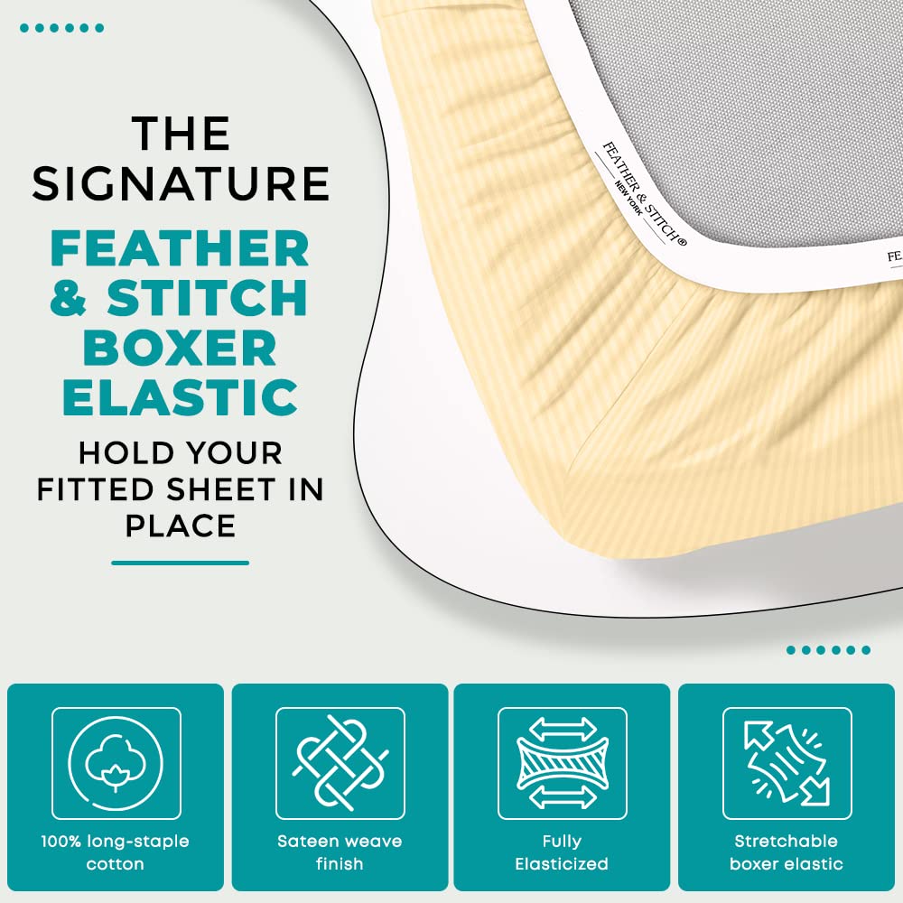 Feather & Stitch 100% Cotton 1 Piece Damask Stripe Full Fitted Sheet 500 Thread Count Semolina 18' Extra Deep Pocket Luxury Sateen Weave Stretchable Boxer Elastic Fits Mattress Perfectly