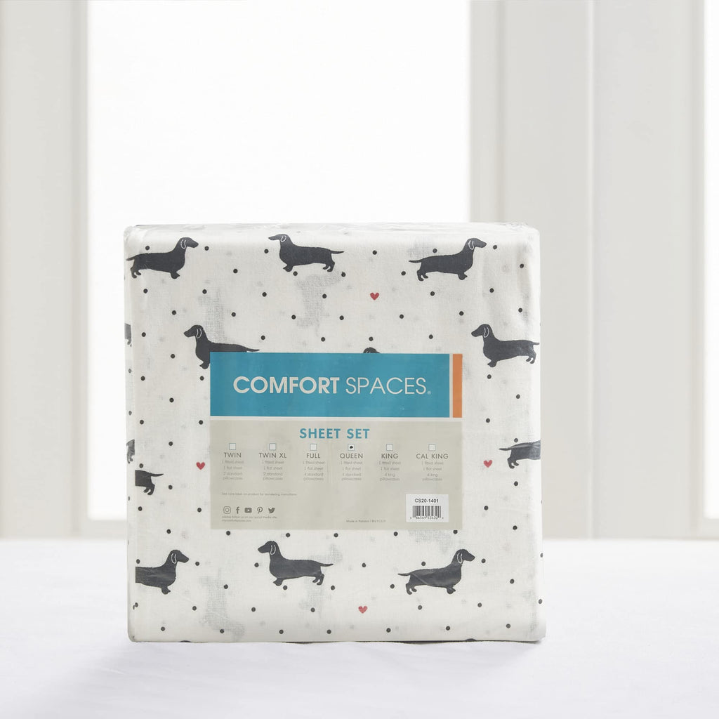 Comfort Spaces Cotton Flannel Breathable Warm, Deep Pocket Sheets With Pillow Case Bedding, Full, Black Dog 4 Piece