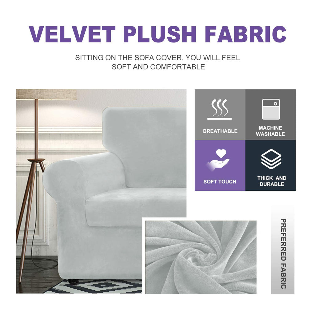 Znsayotx Oversized Velvet 3 Piece Couch Cover With 2 Extra Large Seat Cushion Covers Stretch Sofa Cover For 2 Cushion Couch Thick Soft Loveseat Sofa Slipcover (Silver Grey),71'-91'(2 Cushions)