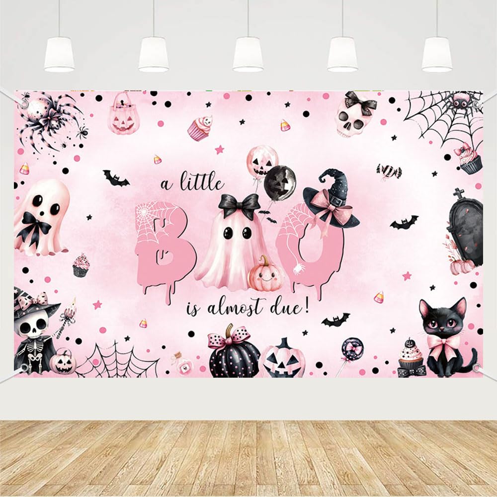 MEHOFOND 6x3.6ft Pink Halloween Baby Shower Backdrop Banner for Girl a Little Boo is Almost Due Party Decor Halloween Pink Bow C