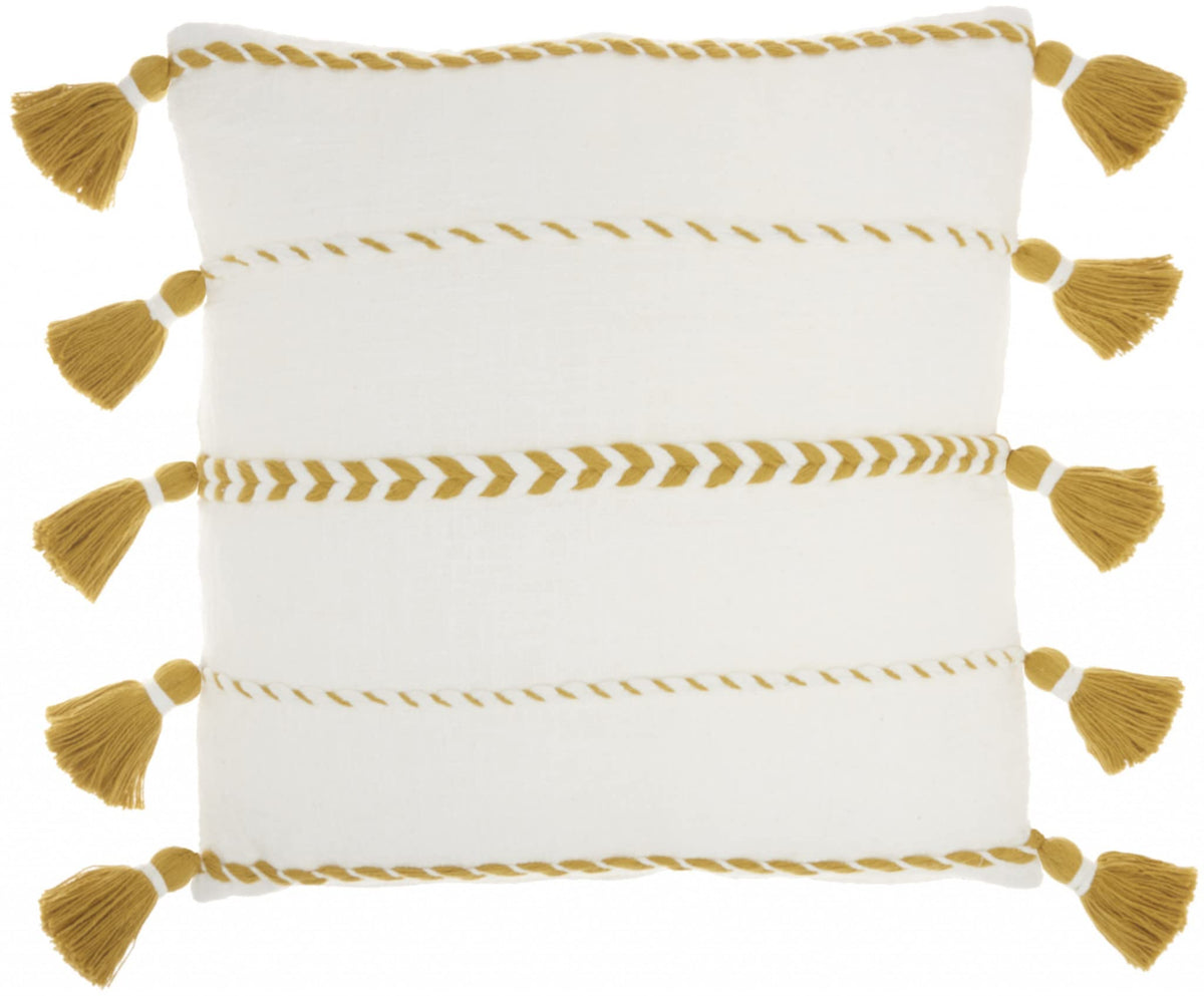 HomeRoots Bohemian White Cotton Accent Pillow with Mustard Tassel Details