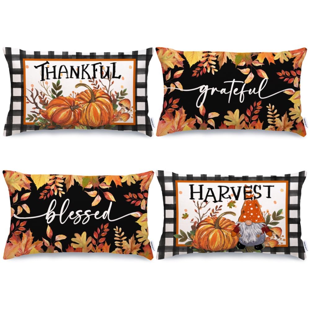 Geeory Fall Decorative Throw Pillow Covers 12 X 20 Inch Set Of 4, Thankful Grateful Blessed Harvest Pumpkin Gnome Thanksgiving F