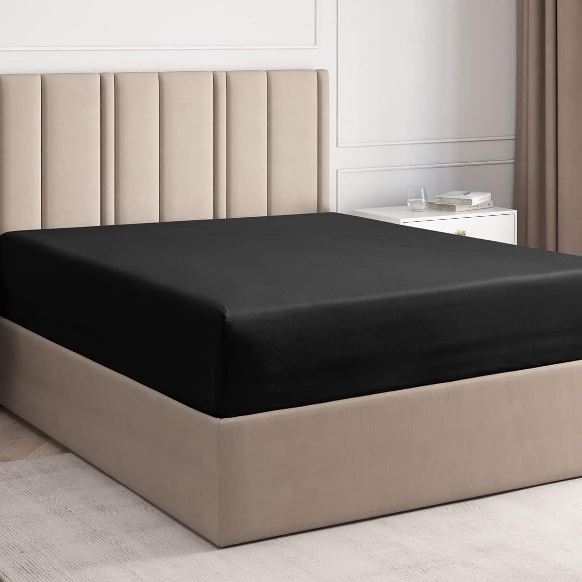 King Fitted Bed Sheet - Hotel Luxury & Cooling Single Fitted Sheet Only - Easily Fits Mattress Up To 16 Inches Perfectly - Soft, Wrinkle Free, Breathable & Comfy Black Single Fitted Bed Sheet