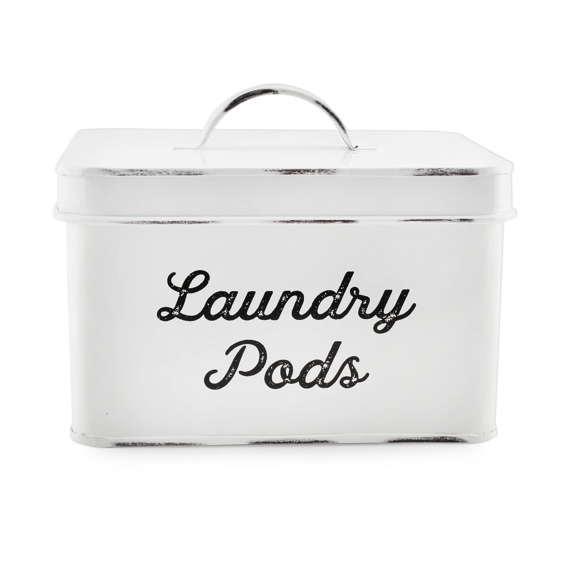 AuldHome Enamelware Laundry Pod Holder; Rustic White Laundry Pod Storage Container