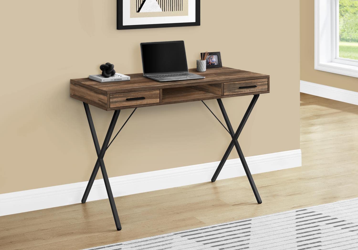 Monarch Specialties 7794 Computer Desk, Home Office, Laptop, Left, Right Set-up, Storage Drawers, Work, Metal, Laminate, Contemporary Desk-42, 42' L x 20' W x 30' H, Brown Reclaimed Wood-Look/Black