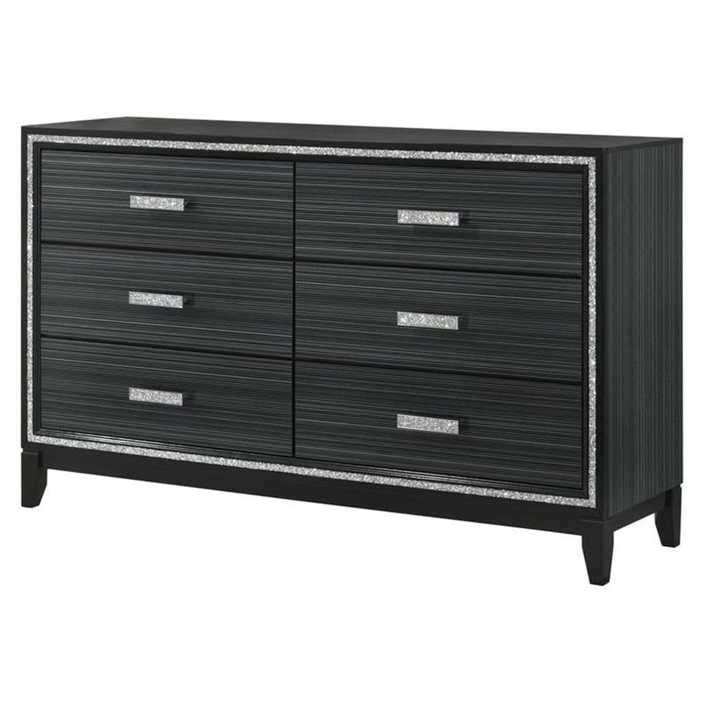 Acme Haiden 6 Drawers Wooden Dresser with Silver Accent Trim in Weathered Black