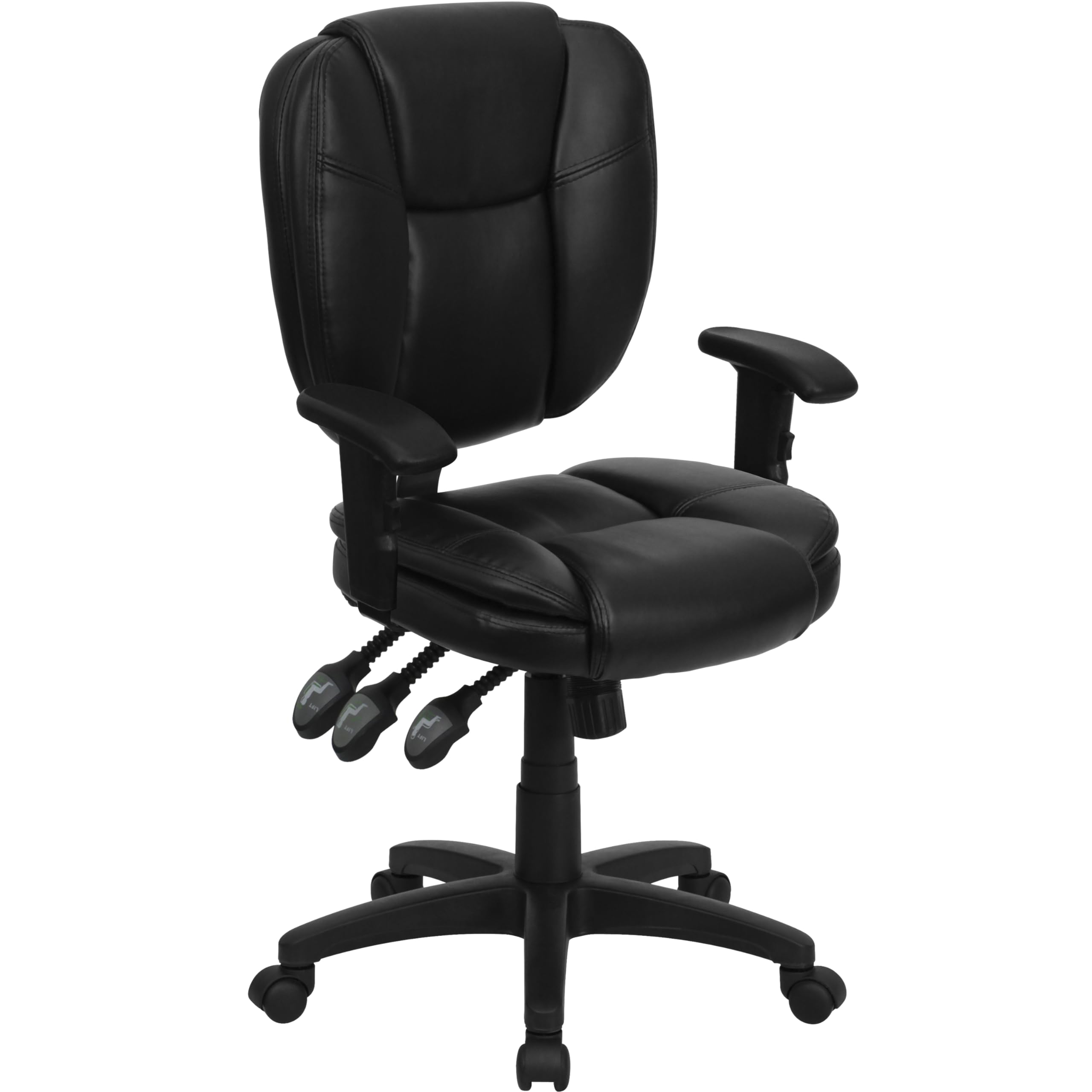 Flash Furniture Caroline Mid-Back Black Leathersoft Multifunction Swivel Ergonomic Task Office Chair With Pillow Top Cushioning And Arms