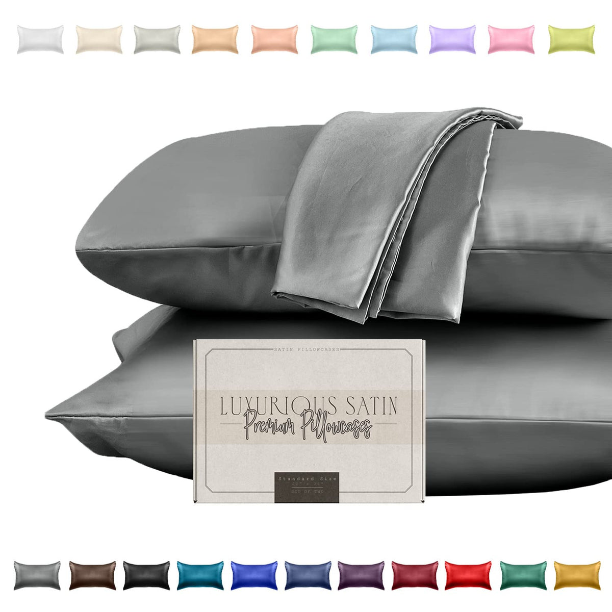 Elegant Comfort Silky And Luxurious 2-Piece Satin Pillowcase Set For Healthier Skin And Hair, Hidden Zipper Closure And Beautifully Packaged, Satin Pillowcase Set, Standard/Queen, Gray