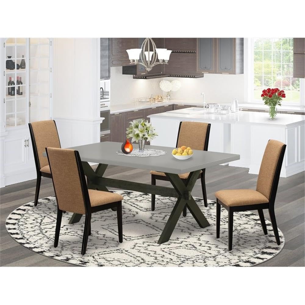 East West Furniture X697La147-5 5 Piece Dining Room Table Set Includes A Rectangle Dining Table With X-Legs And 4 Light Sable Linen Fabric Upholstered Chairs, 40X72 Inch, Multi-Color