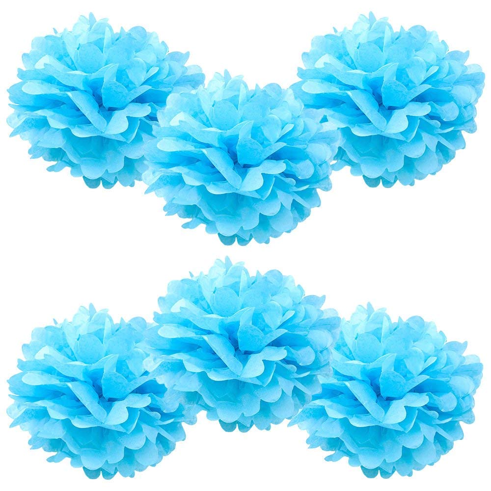 WYZworks Set of 6 - Aqua Blue 16 - (6 Pack) Tissue Pom Poms Flower Party Decorations for Weddings, Birthday, Bridal, Baby Shower
