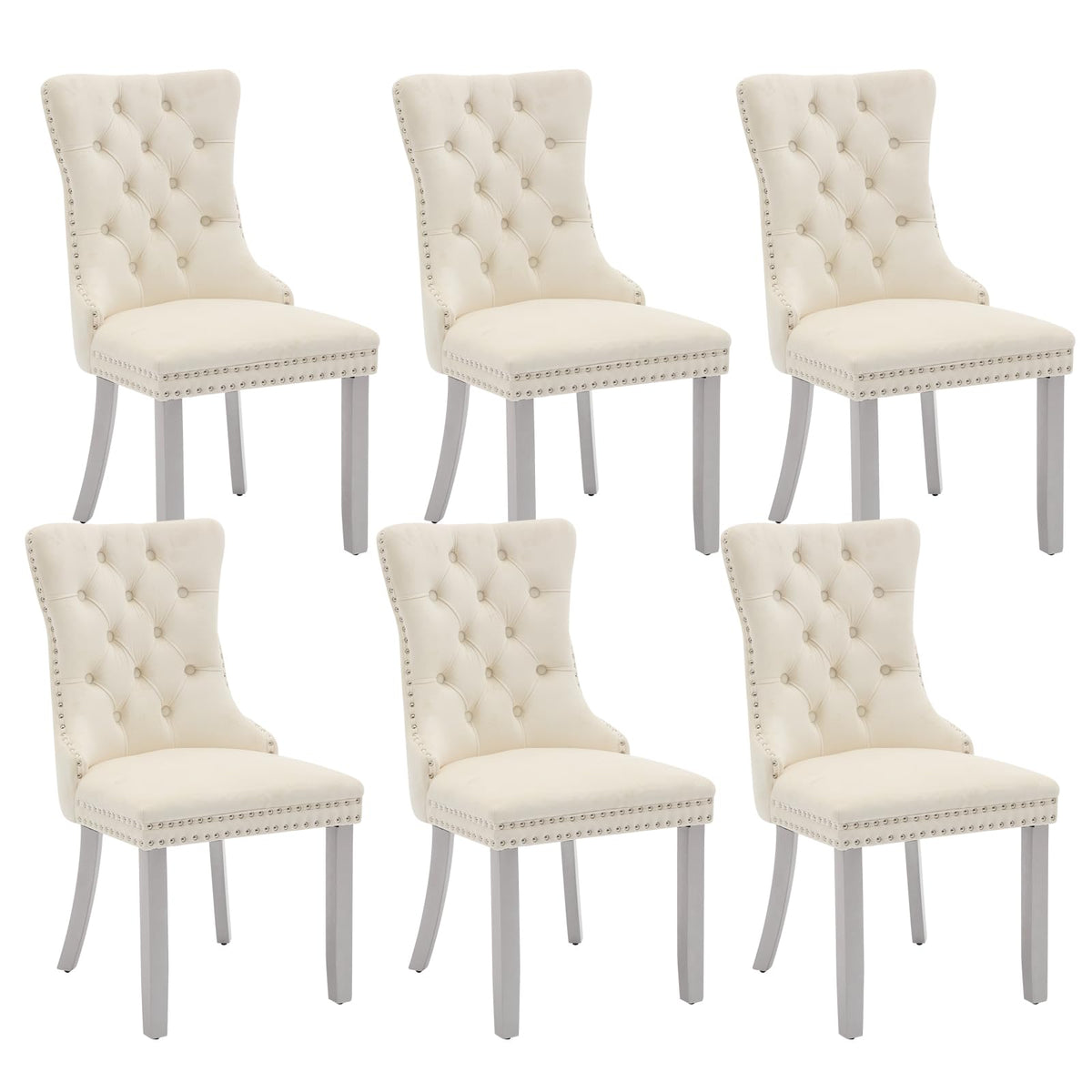 Velvet Dining Chairs Set Of 6, Kitchen & Dining Room Chairs, Upholstered Dining Chairs With Back Ring Pull And Silver Solid Wood