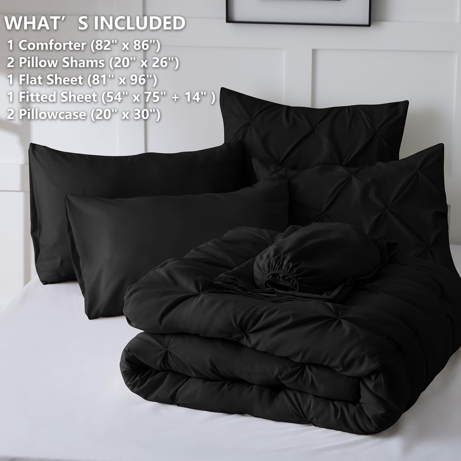 Himeet Bedding Sets Full 7 Pieces Comforter Set Full Pintuck Bed In A Bag Full Bedding Set Pinch Pleat Design Black