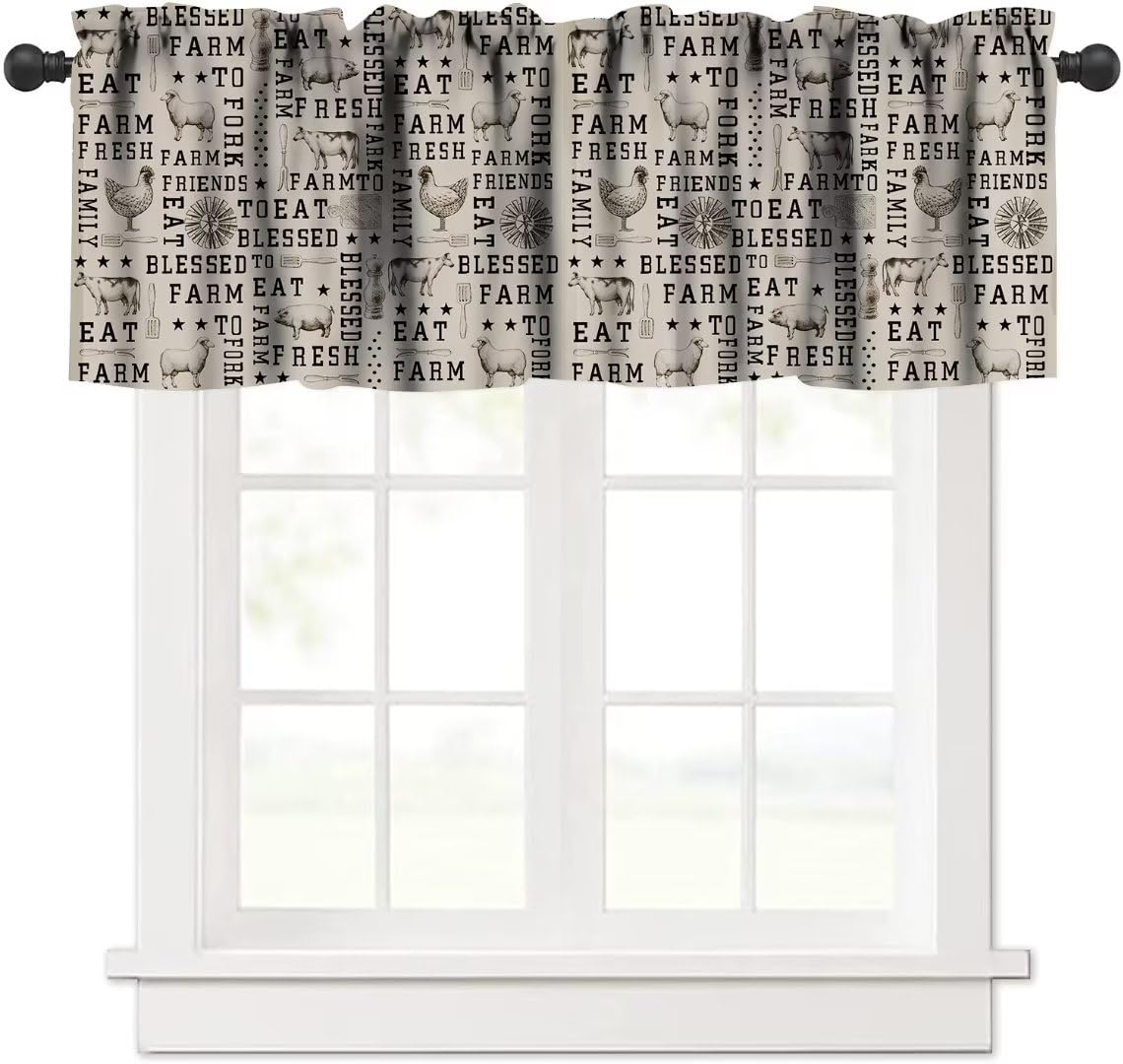 Janjcurt Farmhouse Animal Valance Curtain, Vintage Country Cow Chicken Sheep Pig Rustic Western Windmill Print Pattern Blackout