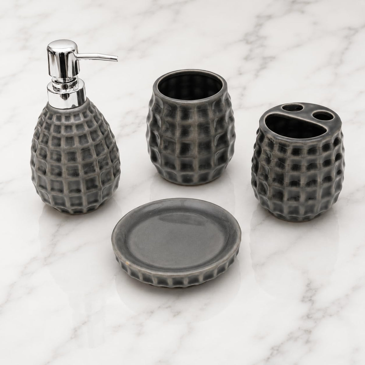 Store2508 Charcoal Grey Geometric Textured Design 4 Piece Ceramic Bathroom Accessories Set with Soap Dispenser, 2 Tumblers & Soa