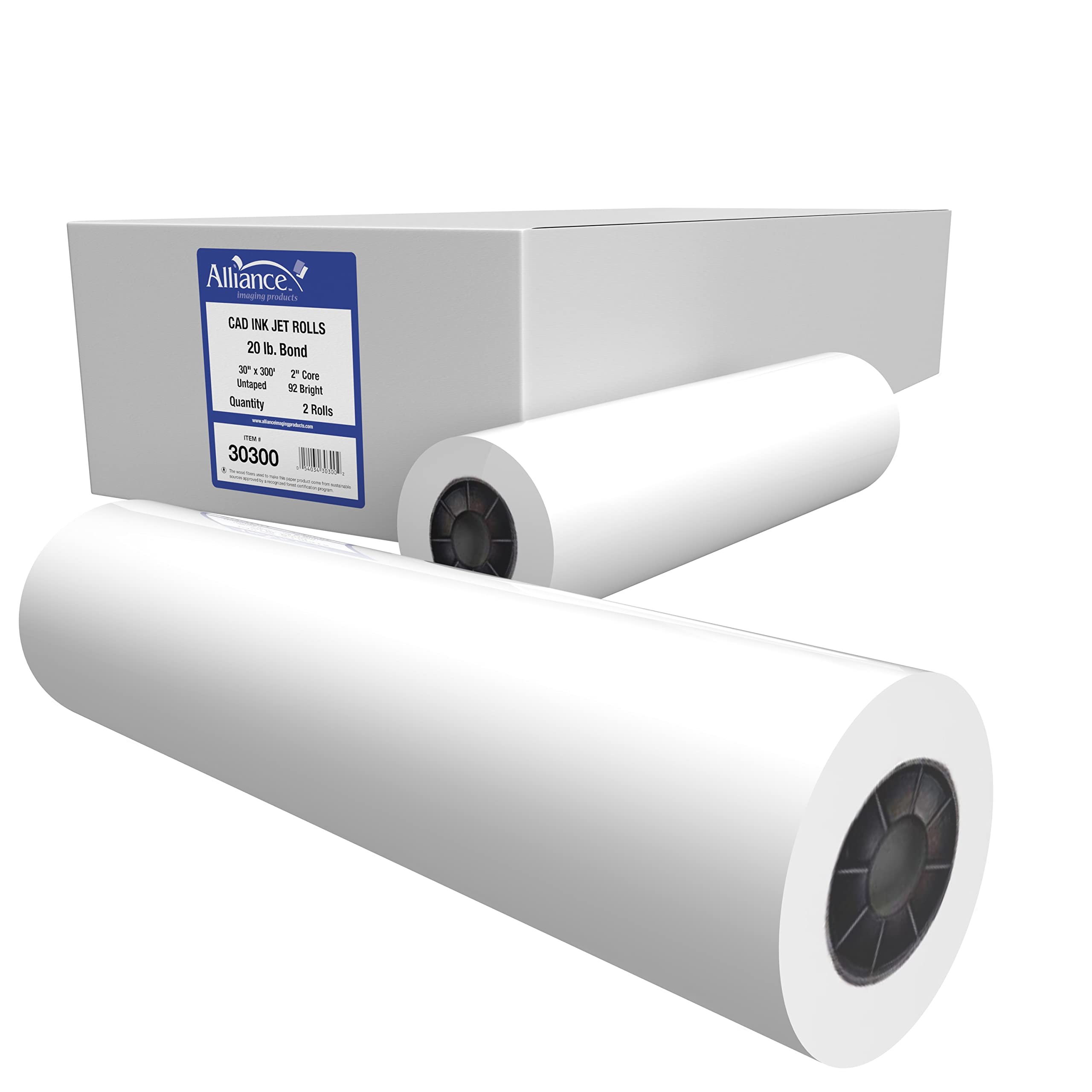 Alliance Wide Format Paper Rolls Cad Bond 30' Widths (2 Rolls, 30 In X 300 Ft | 2' Core)