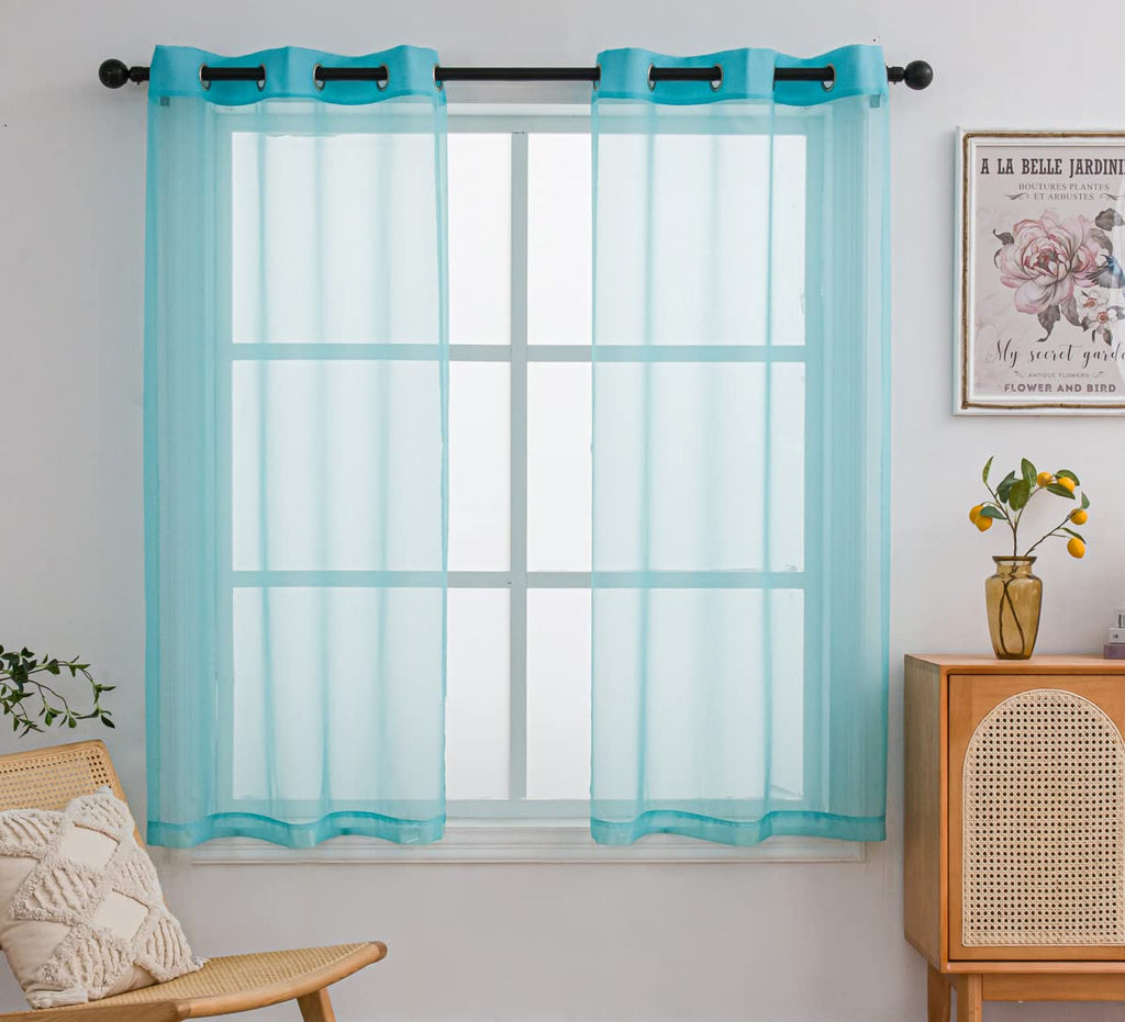 Pi Sheer Curtains 63 Inches Long With Grommet,Lightweight Voile Textured Window Treatment For Kitchen/Dinning Room 2 Panels (W52 X L63, Lake Blue)