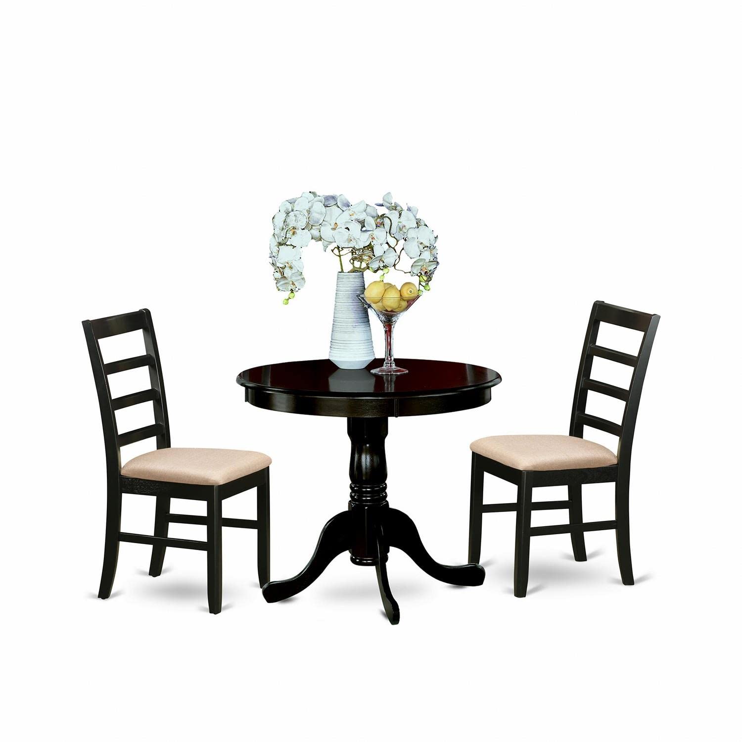 East West Furniture ANPF3-CAP-C 3 Piece Dining Room Furniture Set Contains a Round Kitchen Table with Pedestal and 2 Linen Fabric Upholstered Dining Chairs, 36x36 Inch, Cappuccino