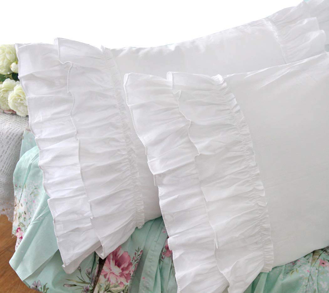 Queen? House White Ruffle Pillow Shams Set Of 2 Cotton Shabby Pillowcases Feminine Pillow Cover King Size