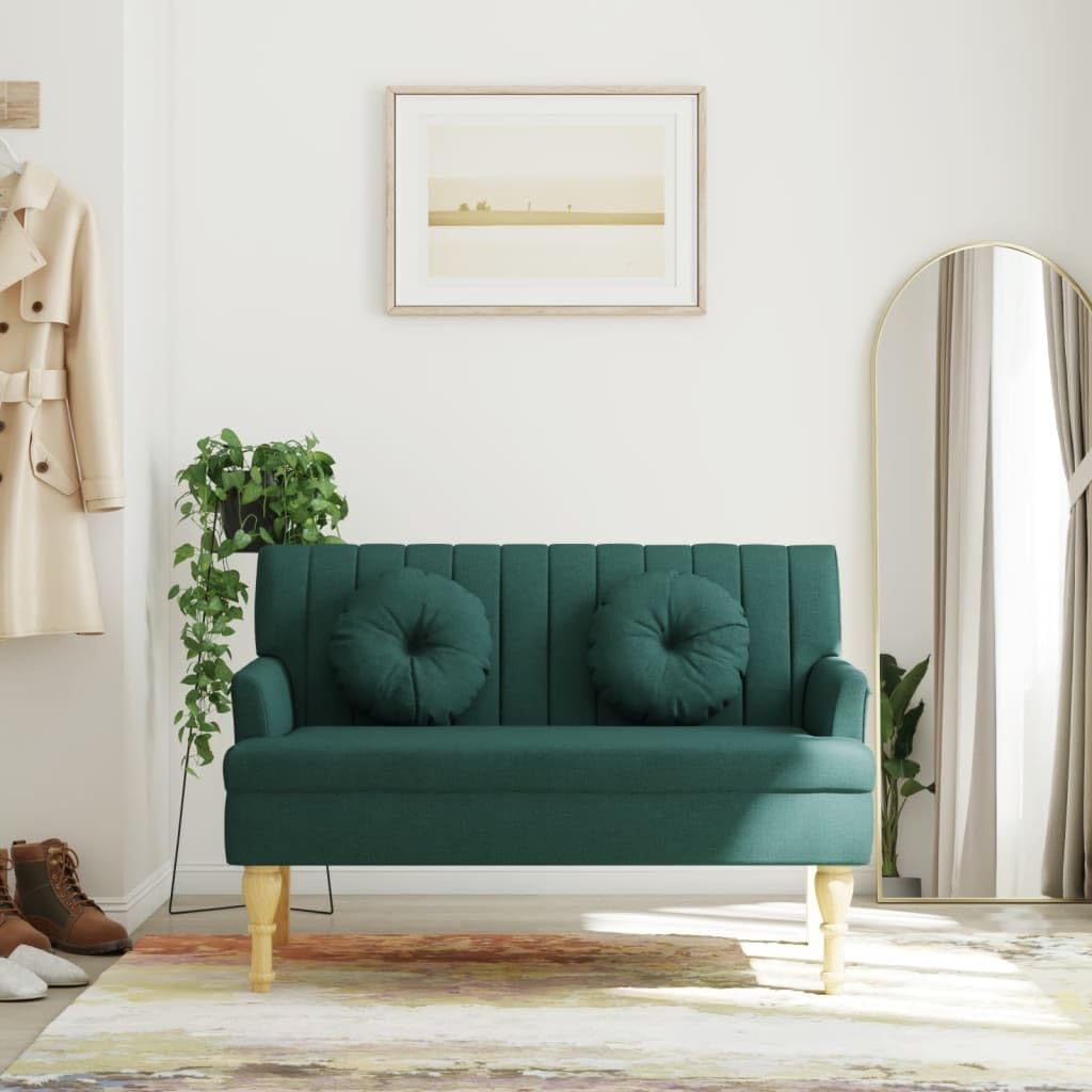 vidaXL Dark Green Fabric Bench: Modern Style Seat with Cushions, Sturdy Plywood Frame, Solid Rubberwood Feet - Ideal for Office, Living Room, Lounge Area