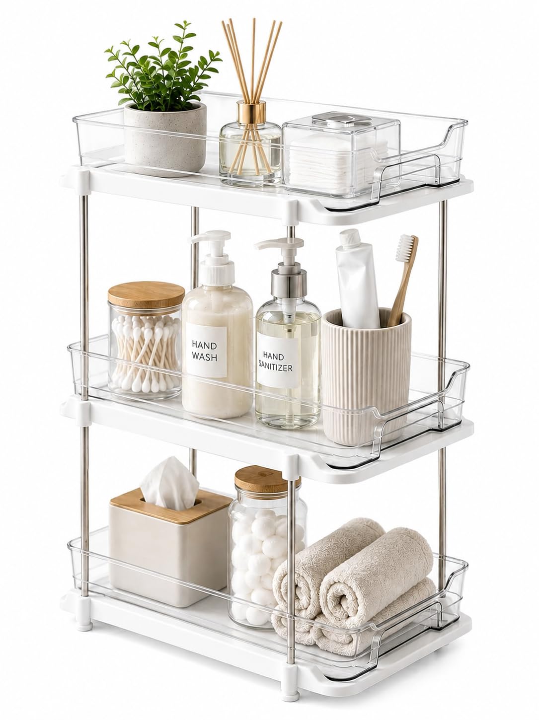 Mechdel 3Tier Under Sink Organizer With PullOut Sliding Drawers | MultiPurpose Kitchen & Bathroom Storage Rack | Clear Counte
