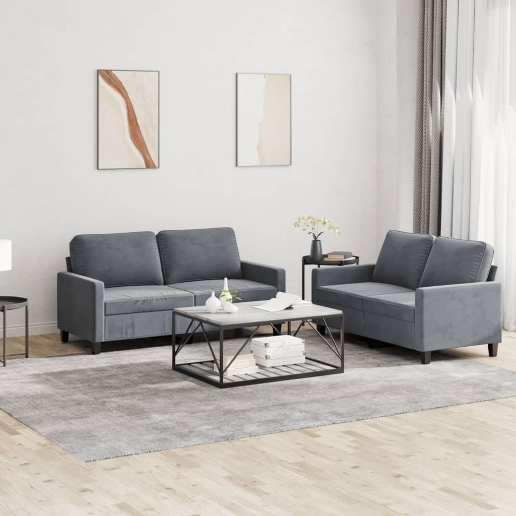 vidaXL Velvet Sofa Set with Cushions - Dark Gray 2-Seater Sofas for Comfortable Seating in Living Room, Lounge Area or Office Space