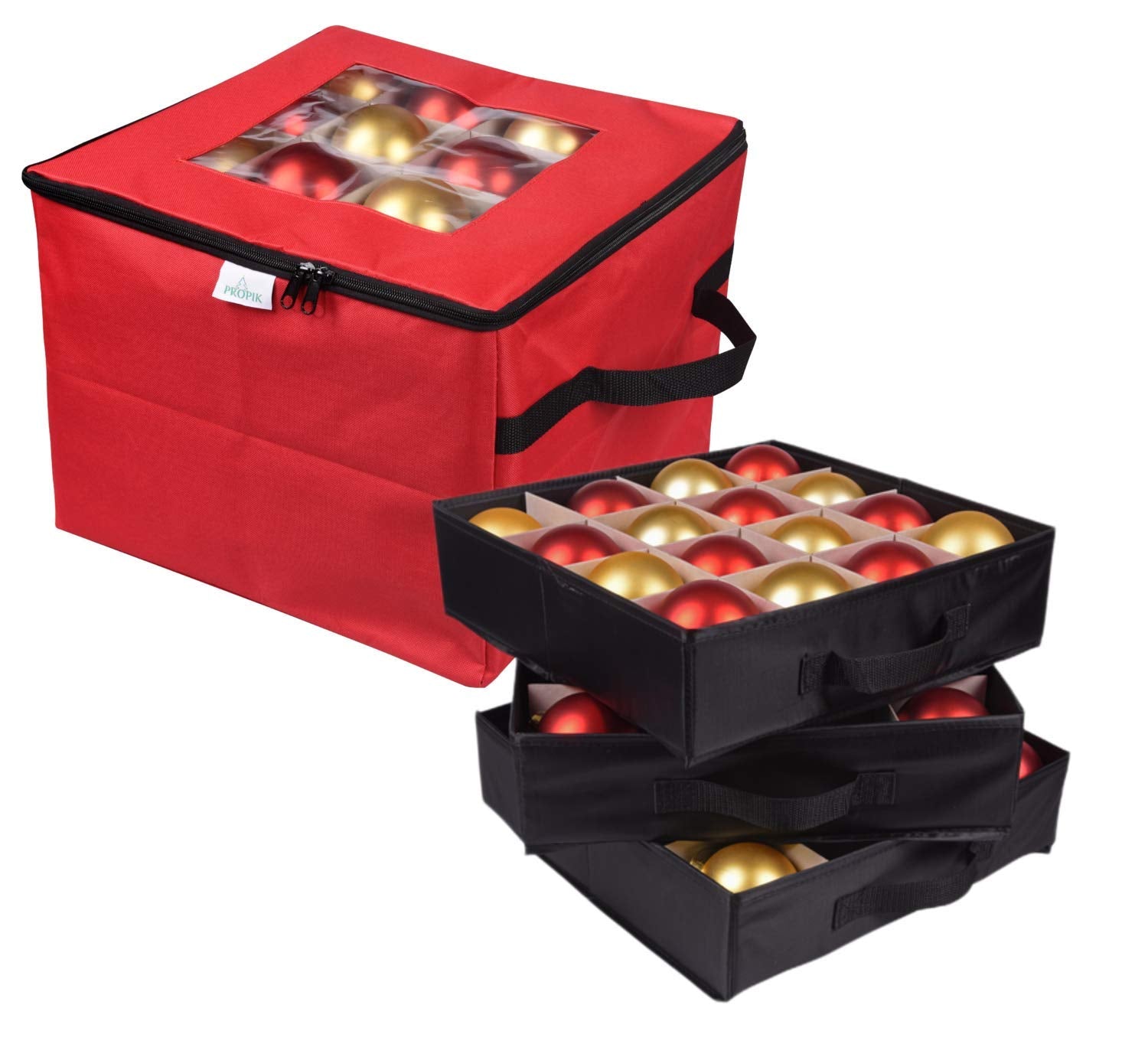 ProPik Christmas Ornament Storage Box, Organizer Holds Up to 48 Xmas Balls with 3 Separate Removable Trays, Container has Divide