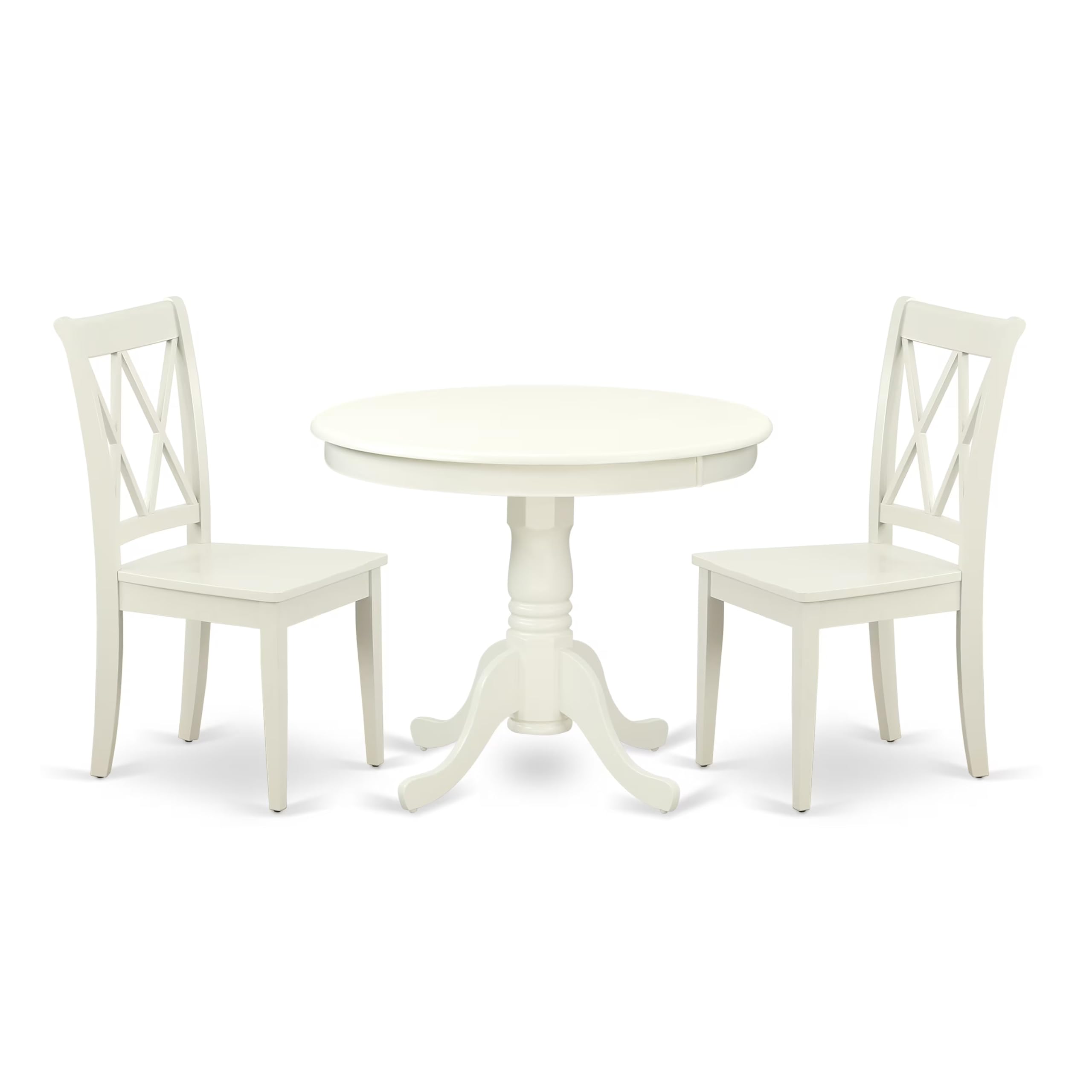 East West Furniture Ancl3-Lwh-W 3 Piece Kitchen Table Set For Small Spaces Contains A Round Dining Room Table With Pedestal And 2 Solid Wood Seat Chairs, 36X36 Inch, Linen White