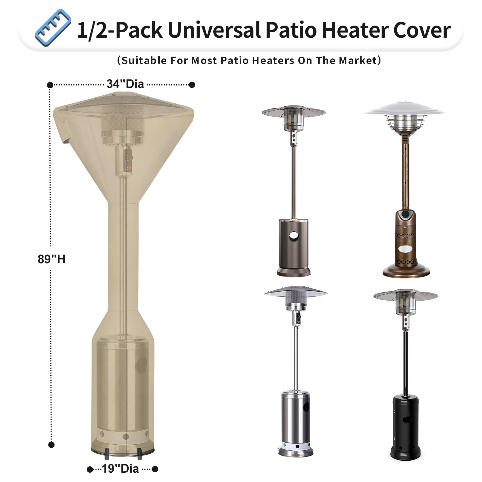 Outdoorlines Waterproof Outdoor Patio Heater Covers With Zipper And Storage Bag, Dust-Proof Uv-Resistant Windproof Propane Heavy Duty Heater Cover For Standing Heater, 1 Pack-95Hx34Dx19B Inch Camel