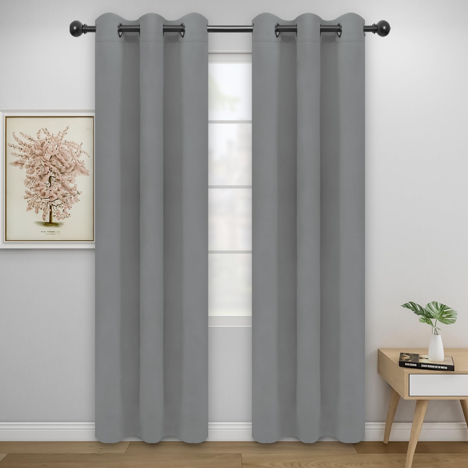 Easy-Going Blackout Curtains For Bedroom, Solid Thermal Insulated Grommet And Noise Reduction Window Drapes, Room Darkening Curtains For Living Room, 2 Panels (34X84 In, Light Gray)