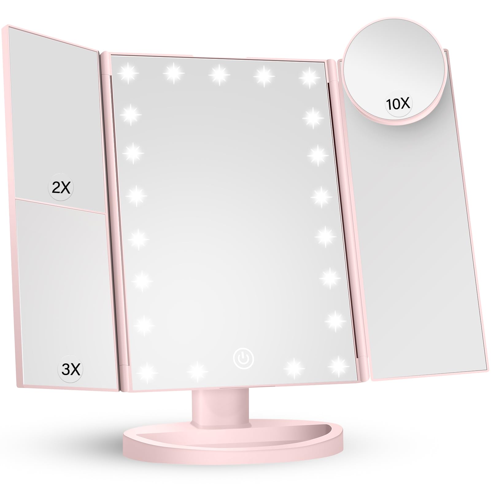HUONUL Makeup Mirror Vanity with Lights, 2X 3X 10X Magnification, Lighted Mirror, Touch Control, Trifold Dual Power Supply, Port