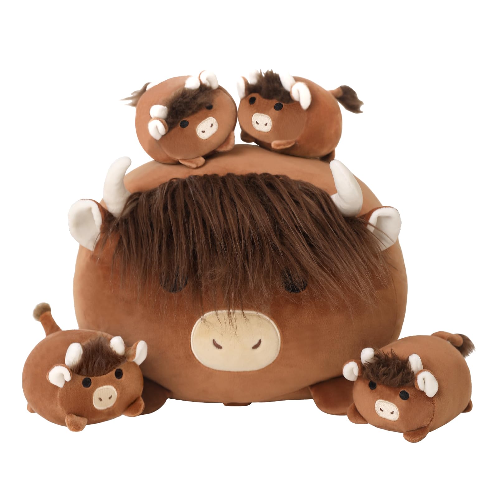 Sqeqe Highland Cow Plush, Cute Highland Cow Stuffed Animals Mommy With 4 Babies In Her Tummy, Brown Highland Cow Plushies Pillow