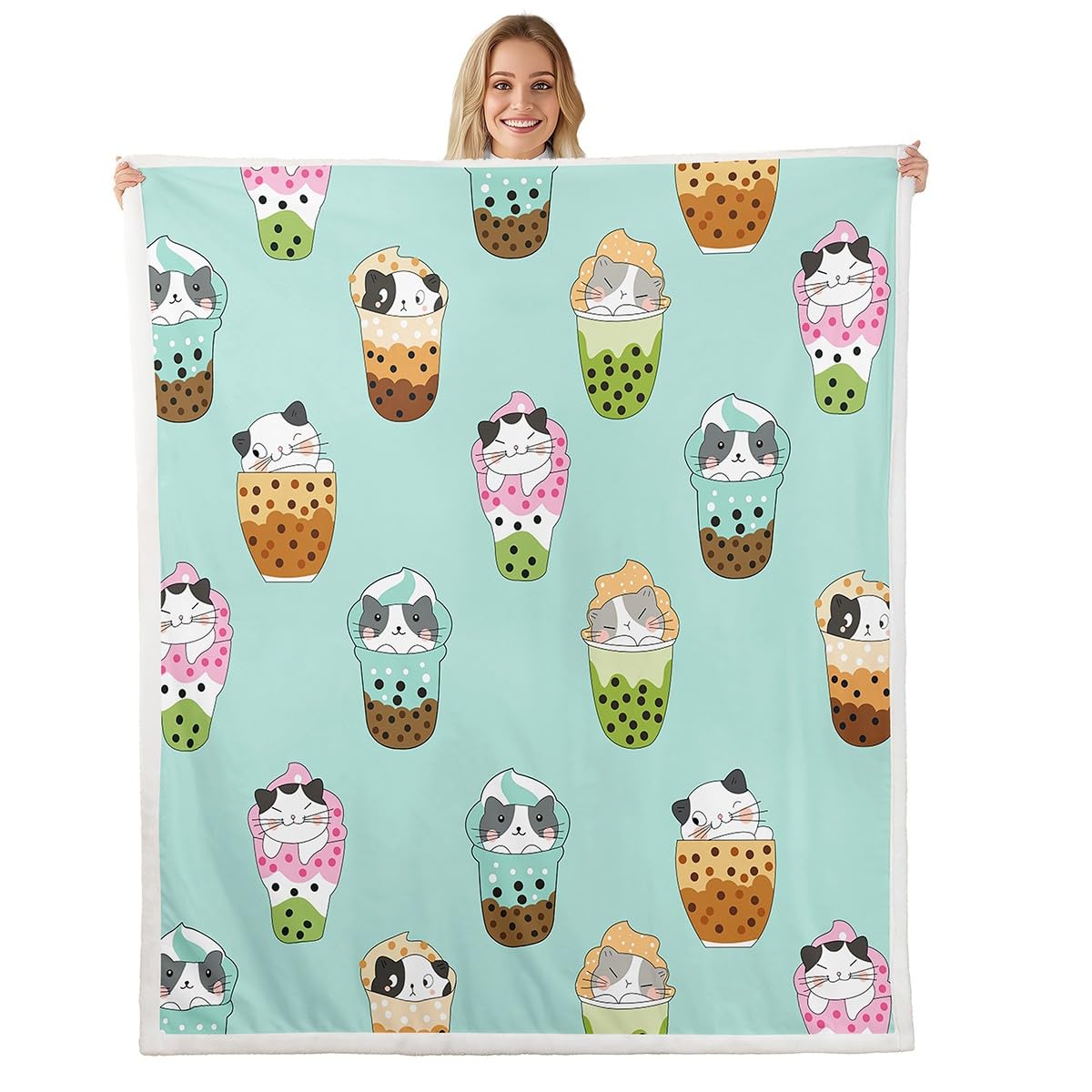 Feelyou Kids Milk Tea Sherpa Blanket Cute Kitten Cat Fleece Throw Blanket Bubble Tea Plush Blanket for Bed Sofa Couch Kids Boys 