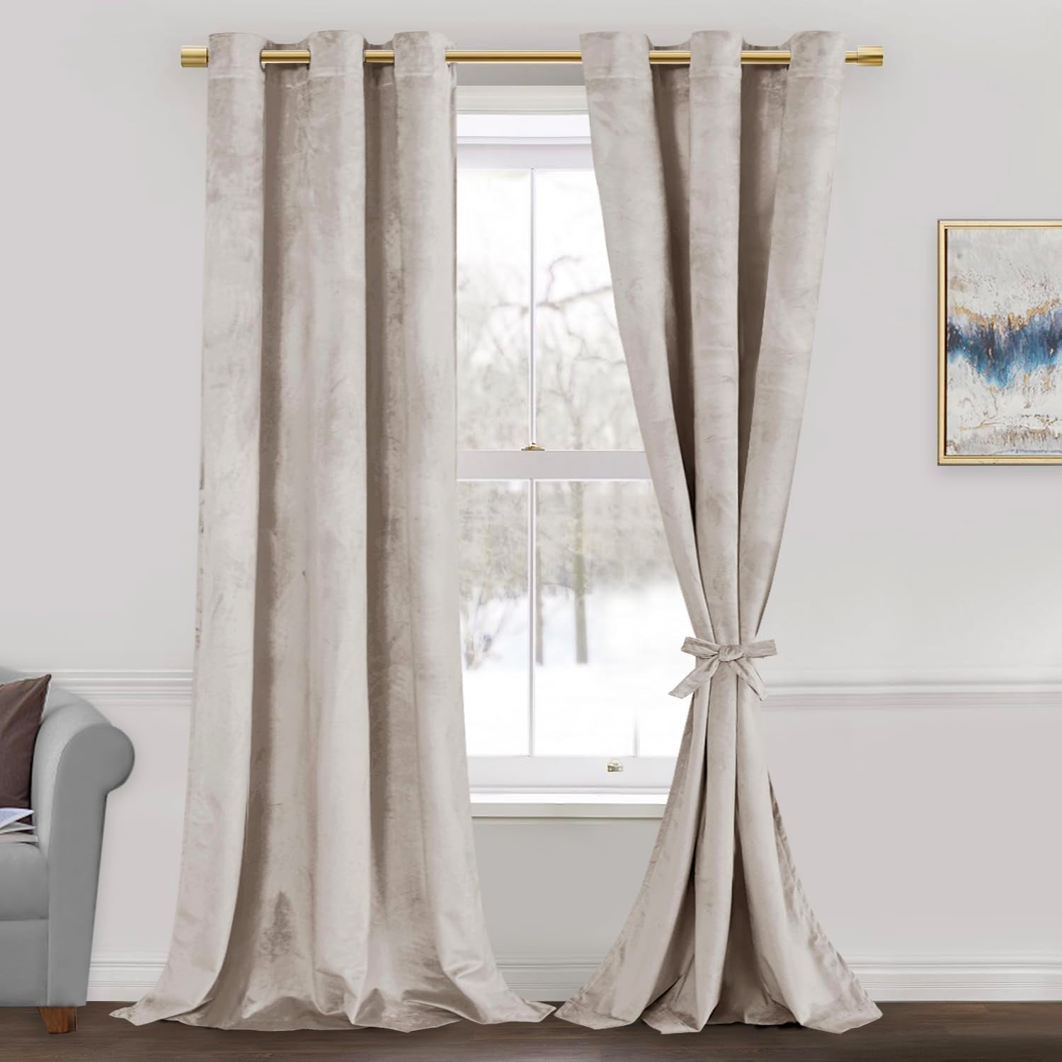 Jiuzhen Beige Velvet Curtains 108 Inches Blackout Curtains For Living Room - Privacy Protect Room Darkening Grommet Thick Velvet
